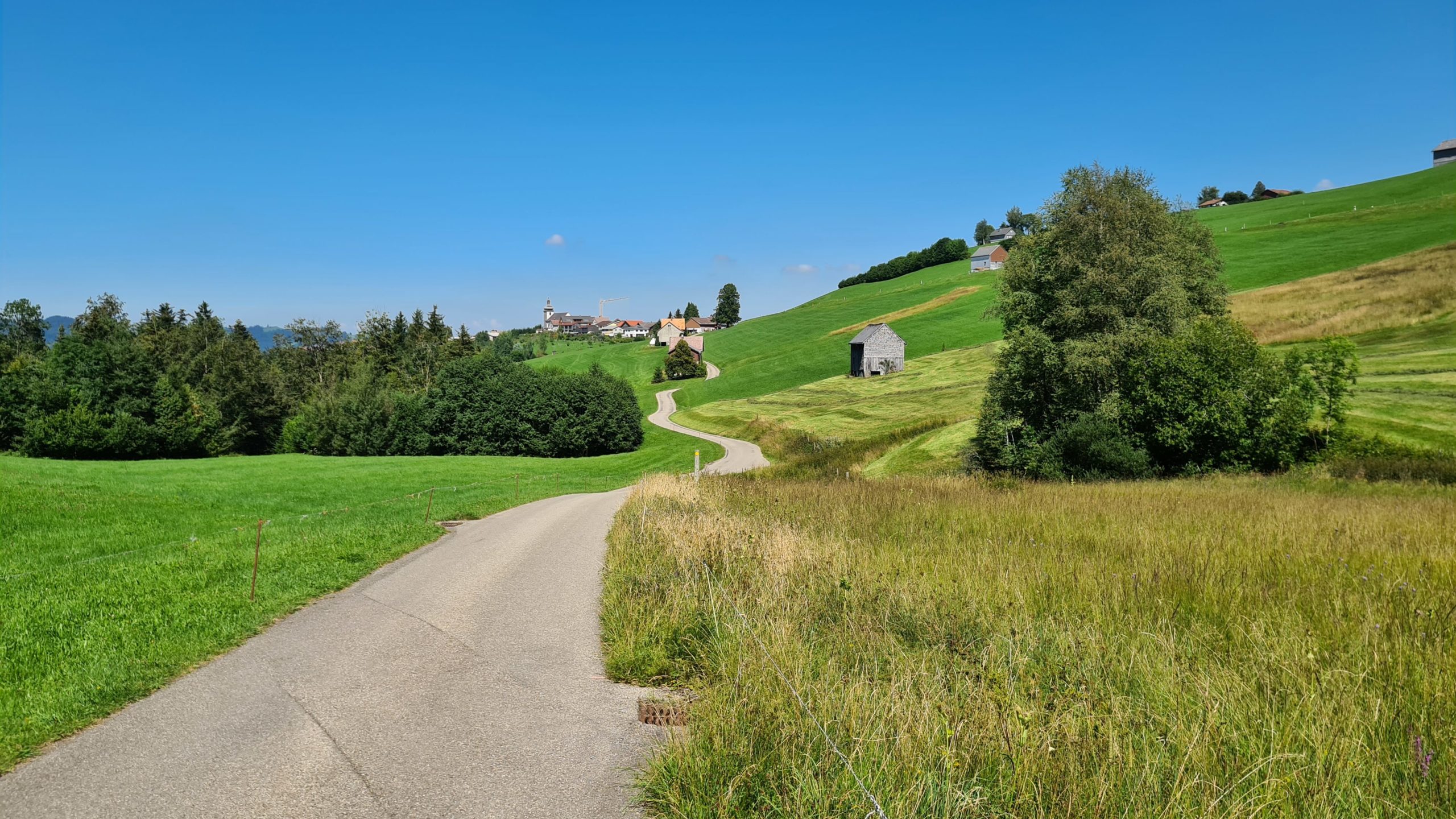 Path weaving through lush landscape with a village in the far distance and clear blue sky