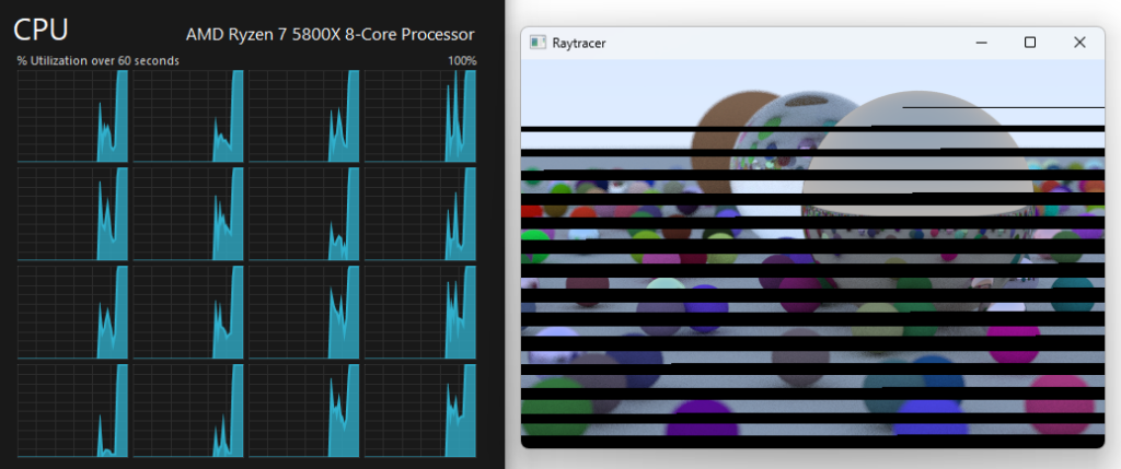 Screenshot of my CPU side by side with the Raytracer, not fully rendered yet