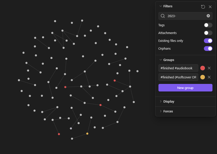 Obsidian Graph View as dot cloud with four red dots and one yellow dot among a lot of grey dots