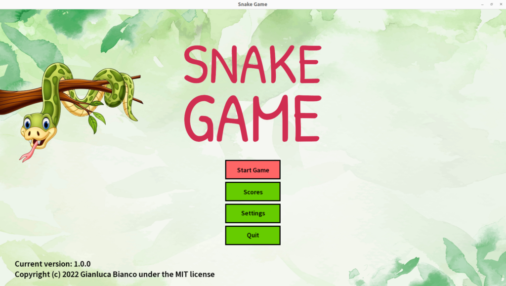 Screenshot of the menu screen of the Snake Game