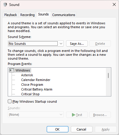 Screenshot of the Windows Sounds settings