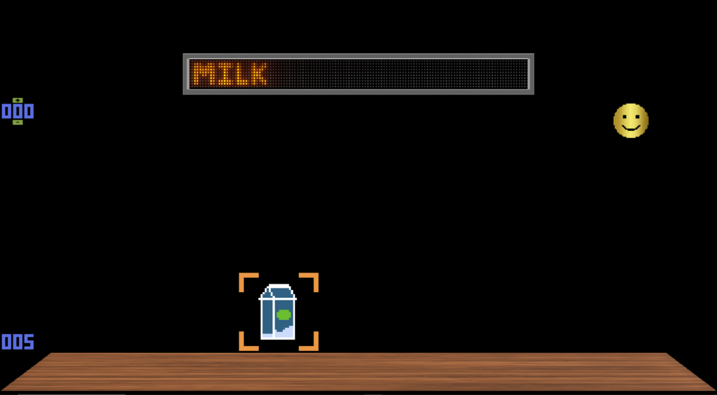 Screenshot of the game Purveyor showing a selected package of milk with a display reading MILK