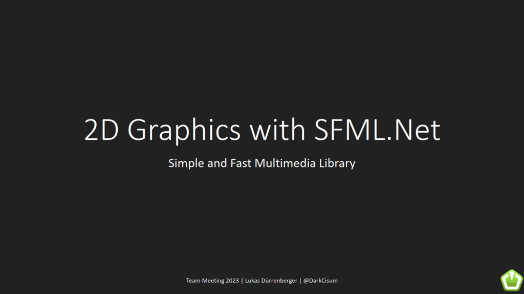 Slide showing the title "2D graphics with SFML.Net" - Simple and Fast Multimedia Library