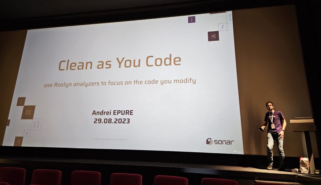 Slide with Andrei Epure standing in front saying "Clean as You Code - use Roslyn analyzers to focus on the code you modify"