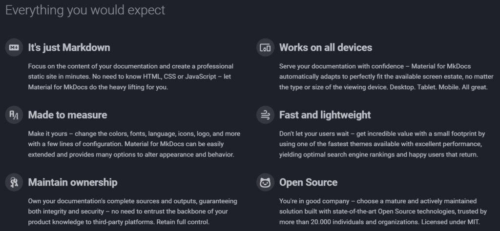 Material for MkDocs feature list presentation