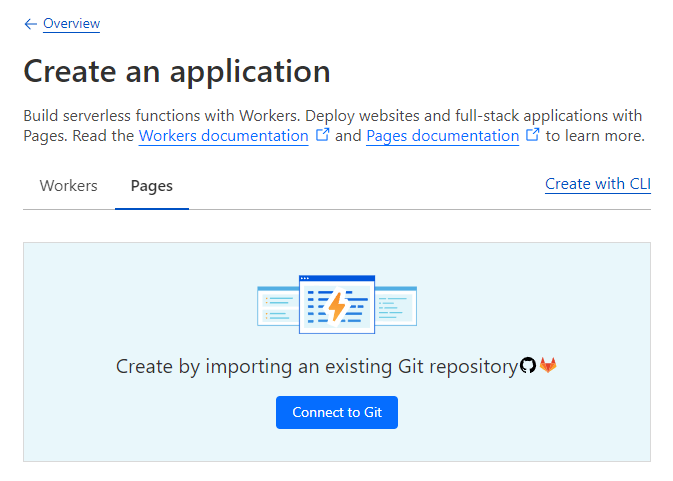 Cloudflare Create Application page with the Pages tab selected