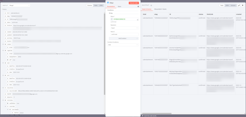 Filter node with input schema and output data shown