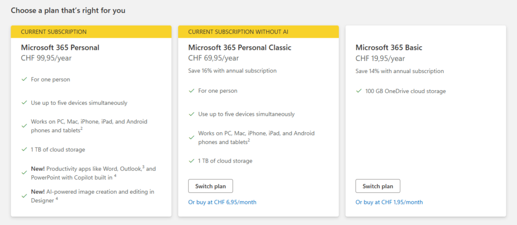 Subscription Plans showing:
- Microsoft 365 Personal at CHF 99.95/year
- Current subscription
- Microsoft 365 Personal Classic at CHF 69.96/year
- Current subscription without AI
- Microsoft 365 Basic at CHF 19.95/year