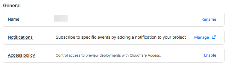 General Cloudflare Pages settings, showing that no Access policy is active
